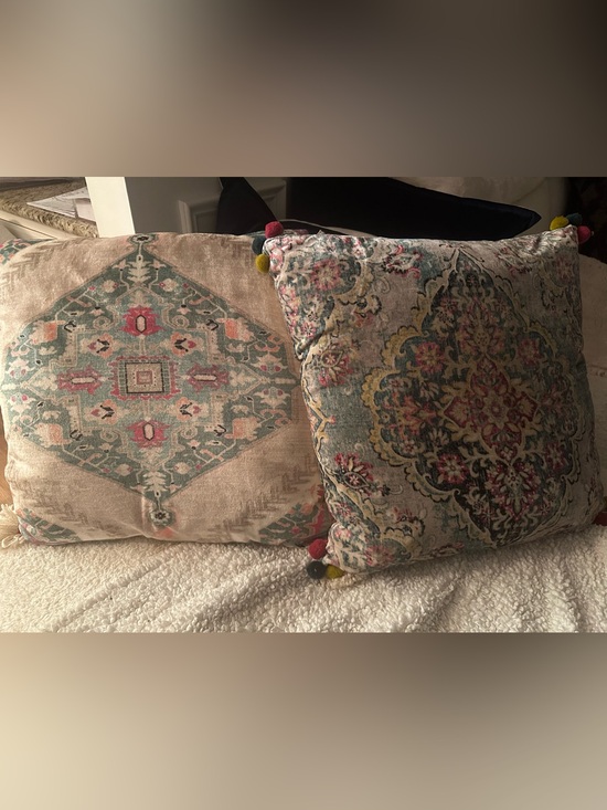 Other - Set of 2 Vintage Boho Tapestry Velvet Throw Pillows - Medallion Tassels Pom Poms